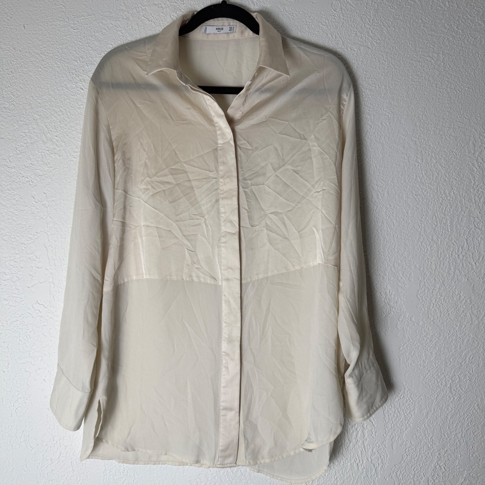 Mango MNG Womens 6 Cream Button Up Satin Sheer Long Sleeve Blouse Minimalist